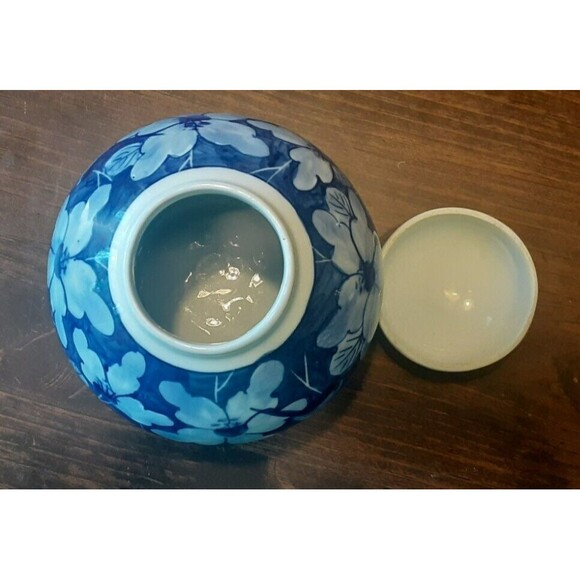Vintage Chinese Blue White Prunus Porcelain Ginger Jar w Lid 6" H Double Ring - Picture 3 of 4